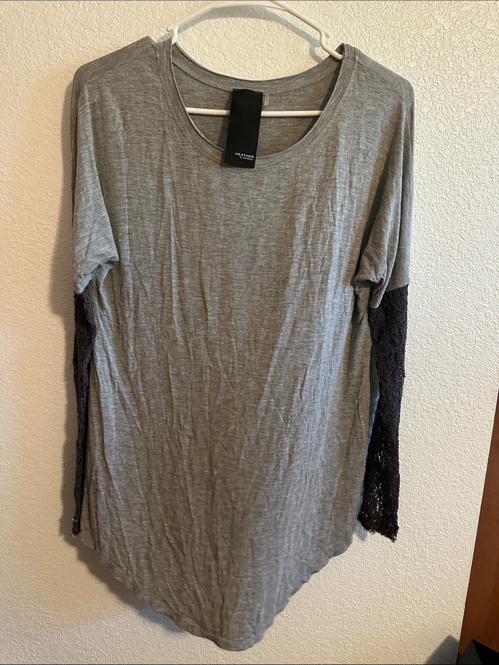 Heather Grey Long Sleeve Top with Black Lace Sleeves - Casual Chic